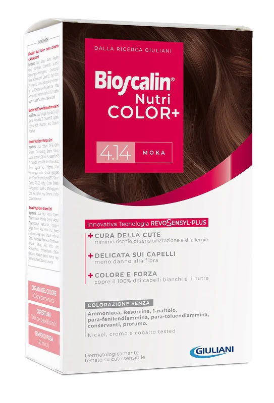 BIOSCALIN NUTRICOLOR PLUS 4,14 MOKA CREMA COLORANTE 40 ML +RIVELATORE CREMA 60 ML + SHAMPOO 12 ML + TRATTAMENTO FINALEBALSAMO 12 ML