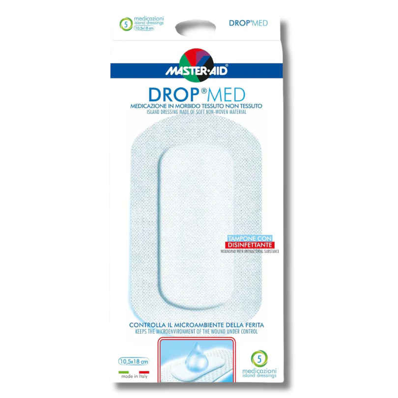 MEDICAZIONE COMPRESSA AUTOADESIVA DERMOATTIVA IPOALLERGENICAAERATA MASTER-AID DROP MED 10,5X18 5 PEZZI