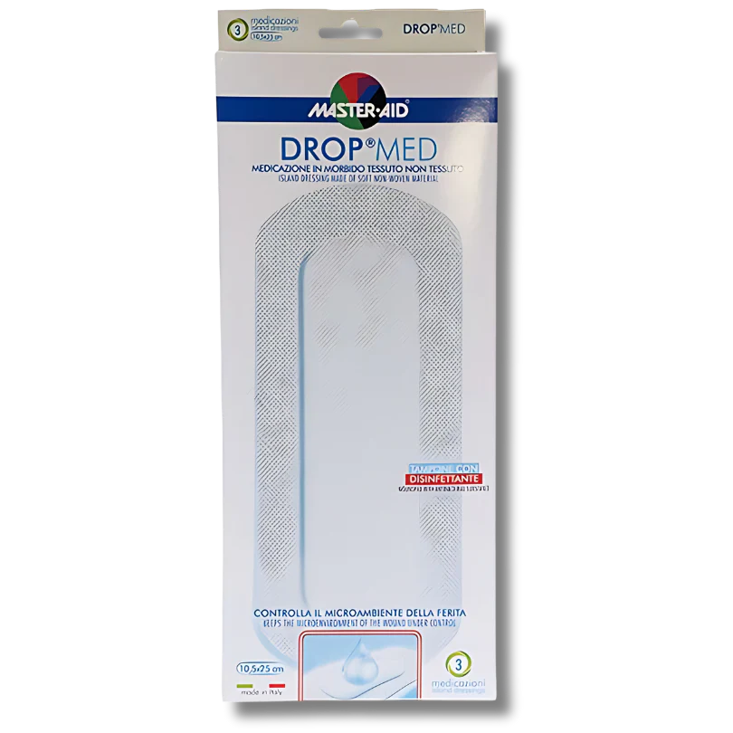 MEDICAZIONE COMPRESSA AUTOADESIVA DERMOATTIVA IPOALLERGENICAAERATA MASTER-AID DROP MED 10,5X25 3 PEZZI